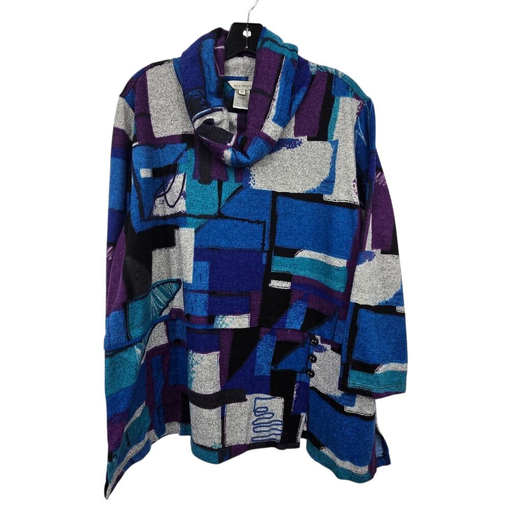 Multiples Geometric‎ Tunic Top Womens Plus 1X Blue Cowl Neck Lagenlook Artsy